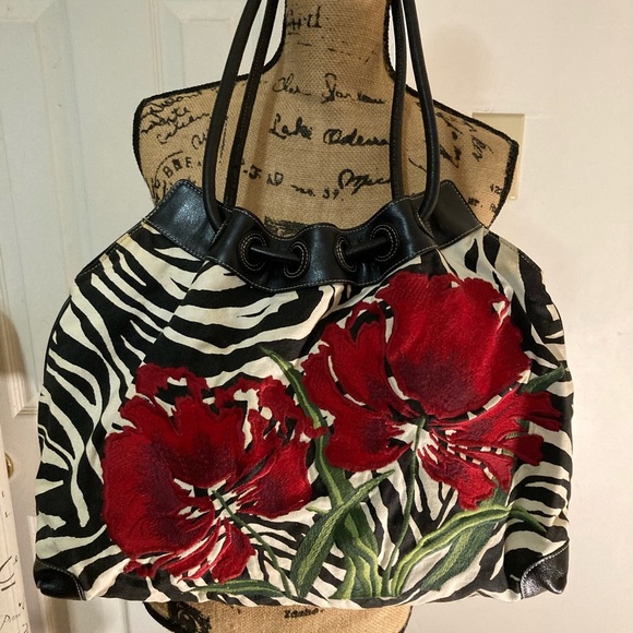 Brighton zebra pattern with red flowers shoulder bag E177306 - Picture 2 of 8
